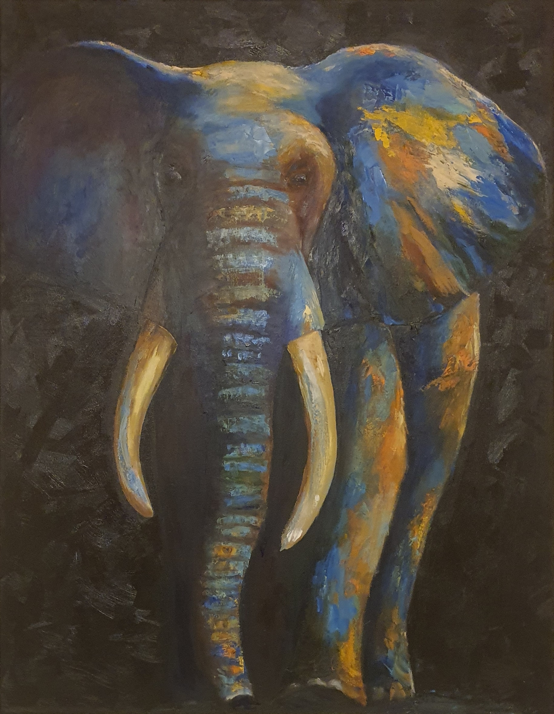 An elephant’s head in blue and gold against a dark background, with long pale tusks and a lowered trunk.