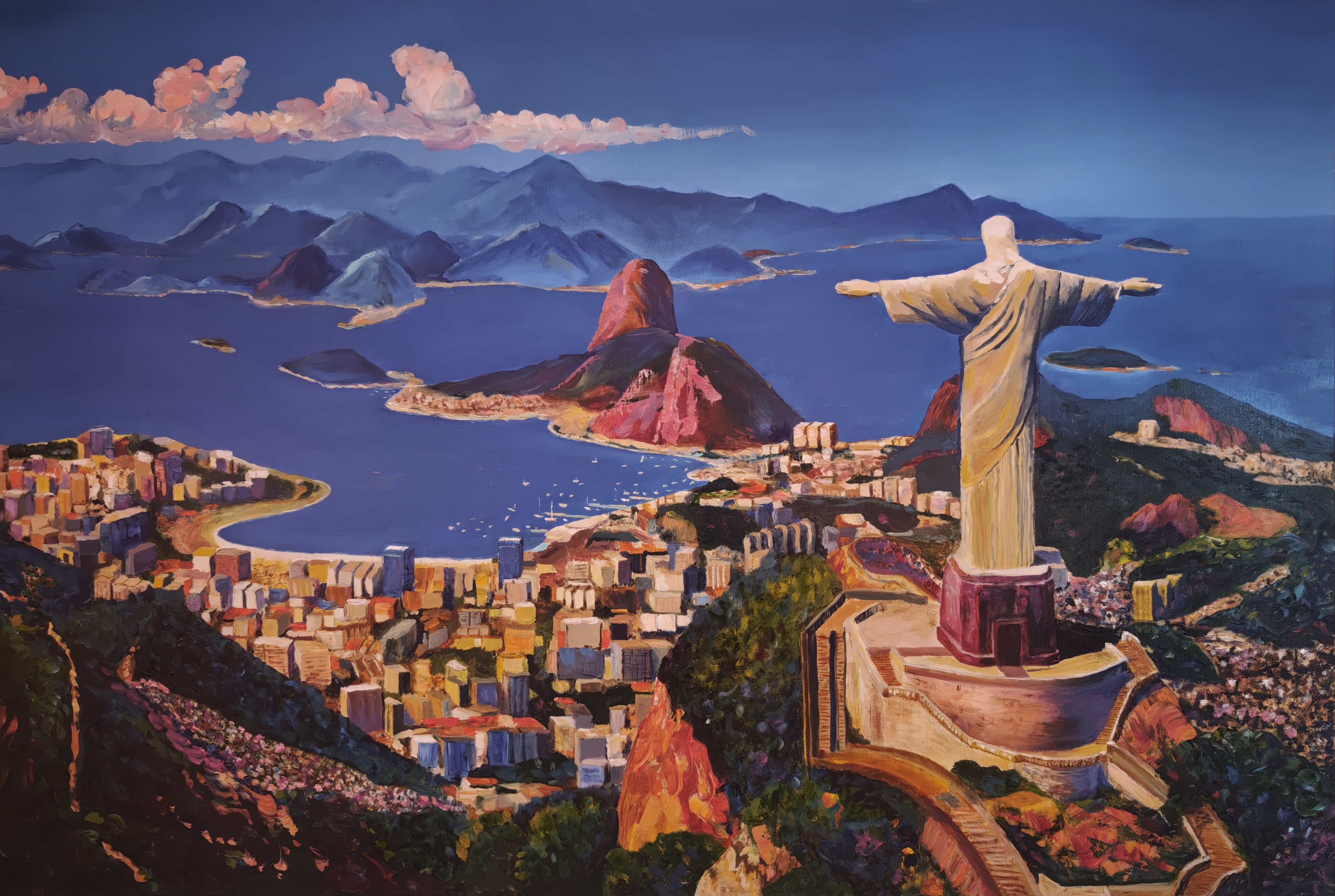 The statue of Christ the Redeemer above the bay, islands and city. Deep blue water and sky meet accents of gold and terracotta.